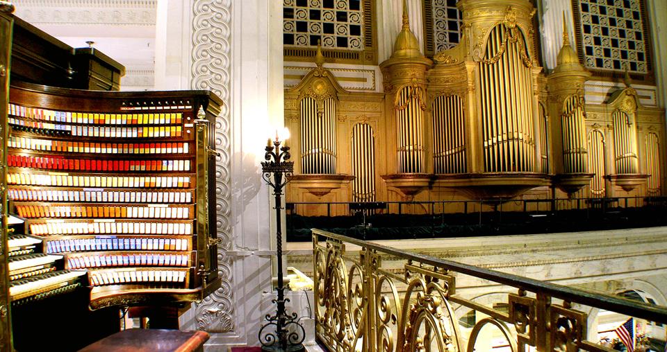 A balcony view of the largest playing organ in the world, the Wanamaker Organ in Philadelphia. 
