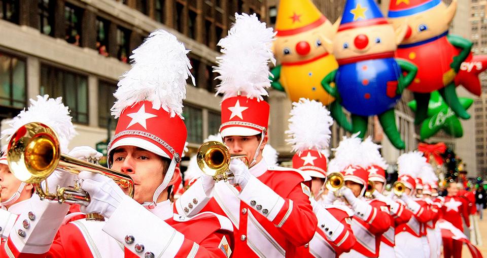 A marching band plays during the Macy's Thanksgiving Day Parade.
